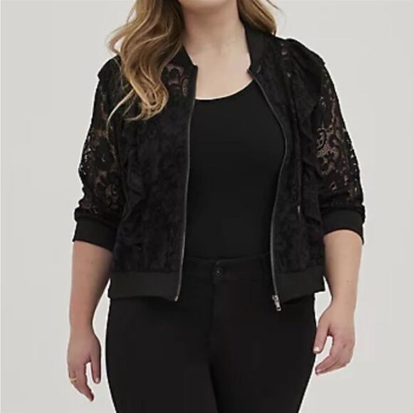NWT Torrid Black Lace Ruffle Crop Bomber jacket - Picture 1 of 15
